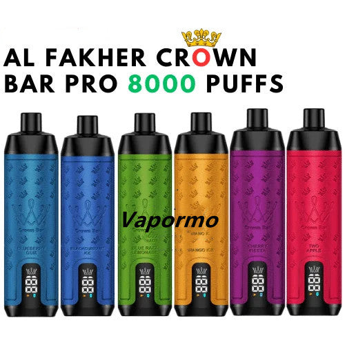 AL Fakher Crown Bar Pro 8000 Puffs Wiederaufladbares Einweg Kit - Kaufen Sie 4 Stück und erhalten Sie 1 Stück zusätzlich als Geschenk (Produkte und Geschmacksrichtungen sind zufällig)