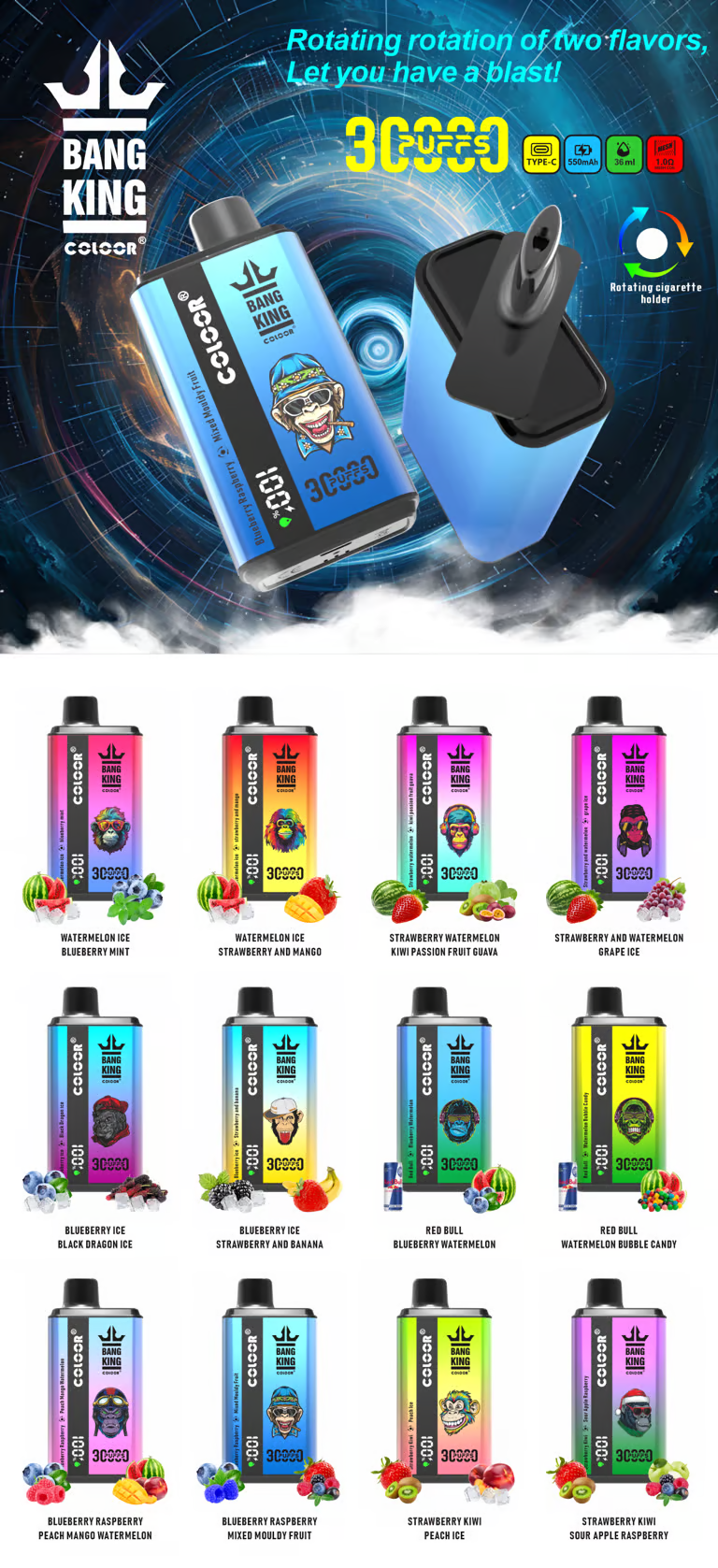 Bang King 30000 Puffs Double Flavor Wiederaufladbarer Einweg Vape (LED Display)