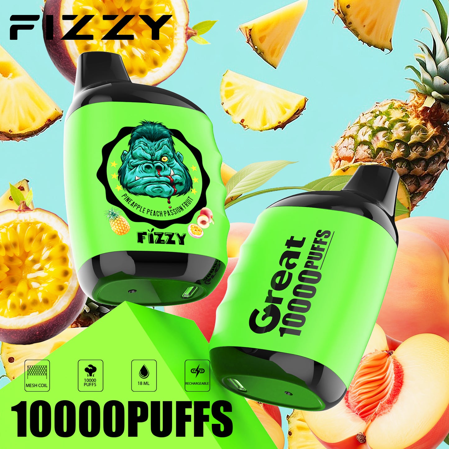 Fizzy GREAT 10000 Puffs Wiederaufladbares Einweg Disposable Kit - Kaufen Sie 3 Stück und erhalten Sie 1 Stück zusätzlich als Geschenk (Produkte und Geschmacksrichtungen sind zufällig)